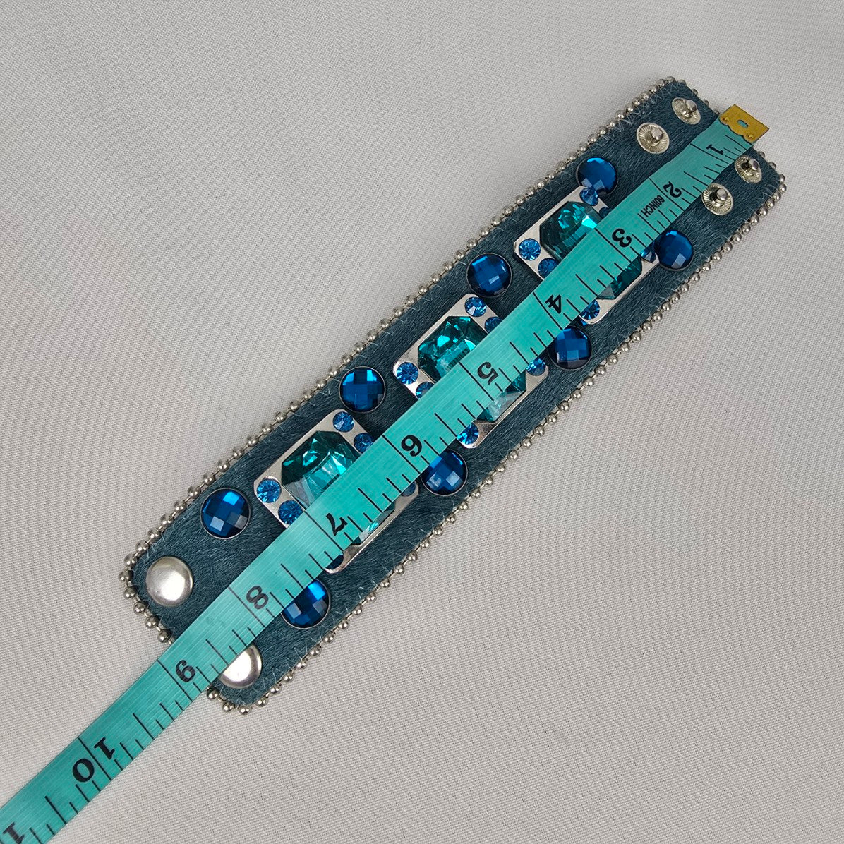 Genuine Leather Blue Calf Hair Crystal Stone Wide Snap Bracelet