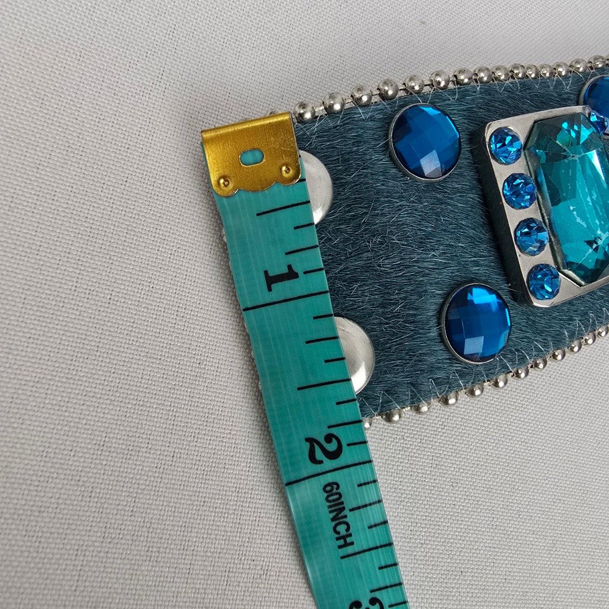 Genuine Leather Blue Calf Hair Crystal Stone Wide Snap Bracelet