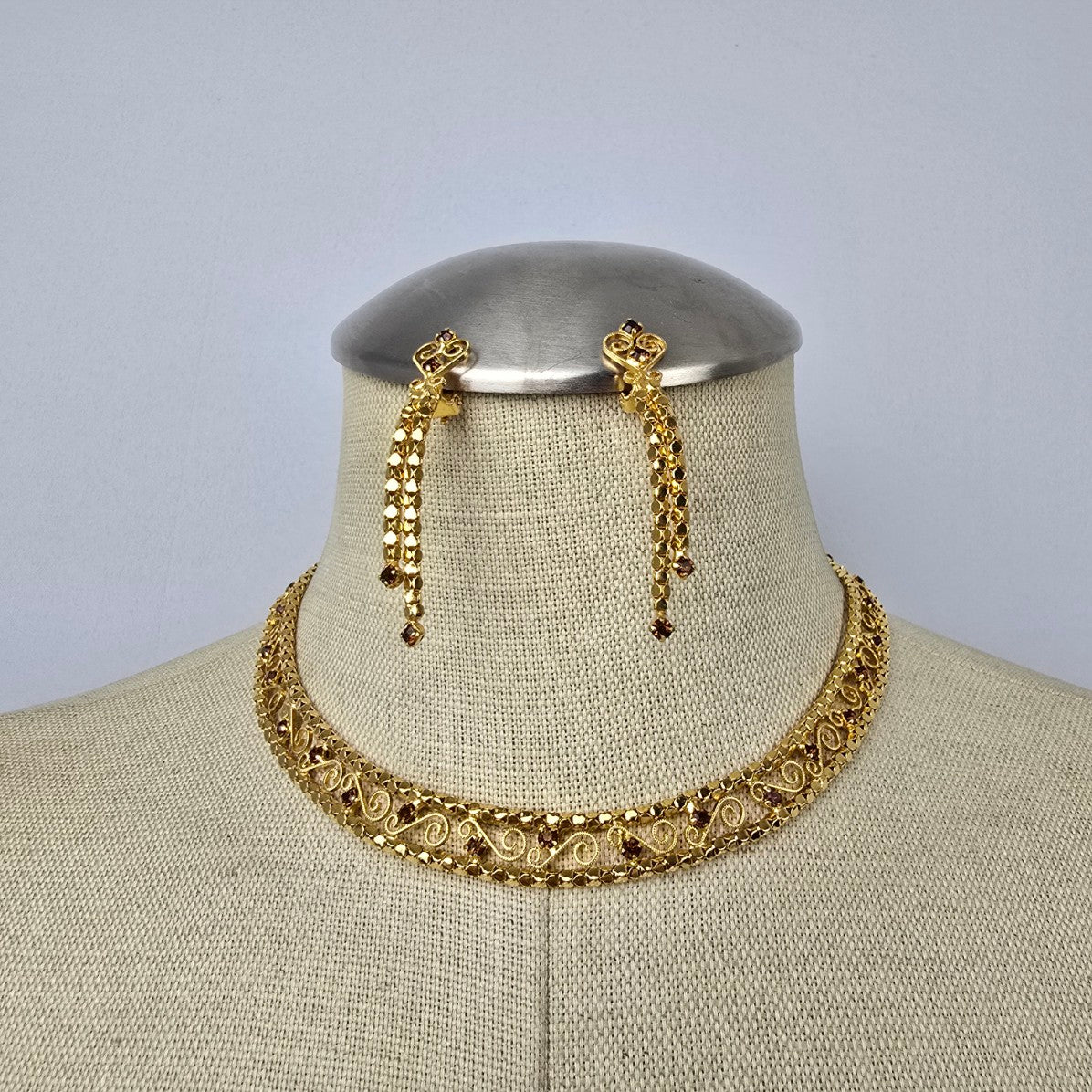 Vintage Gold Tone Brown Crystal Necklace & Earring Set