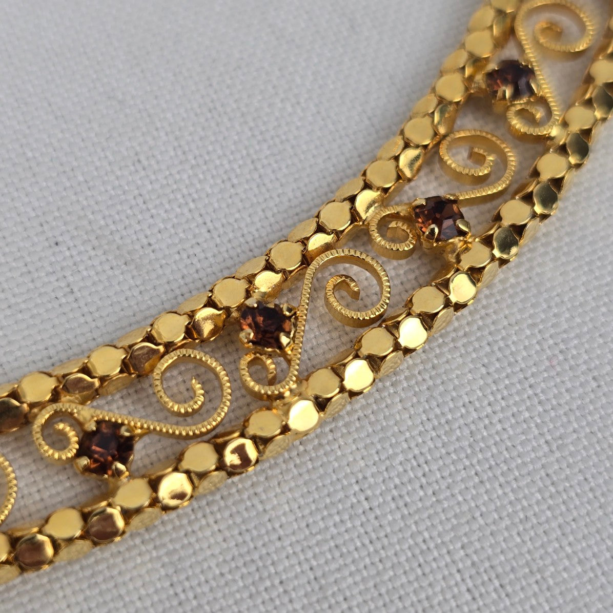 Vintage Gold Tone Brown Crystal Necklace & Earring Set