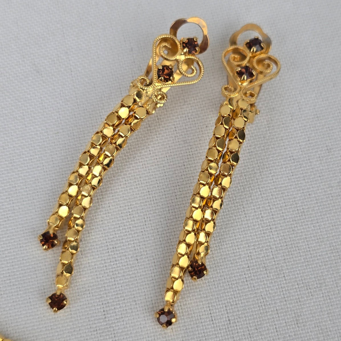 Vintage Gold Tone Brown Crystal Necklace & Earring Set