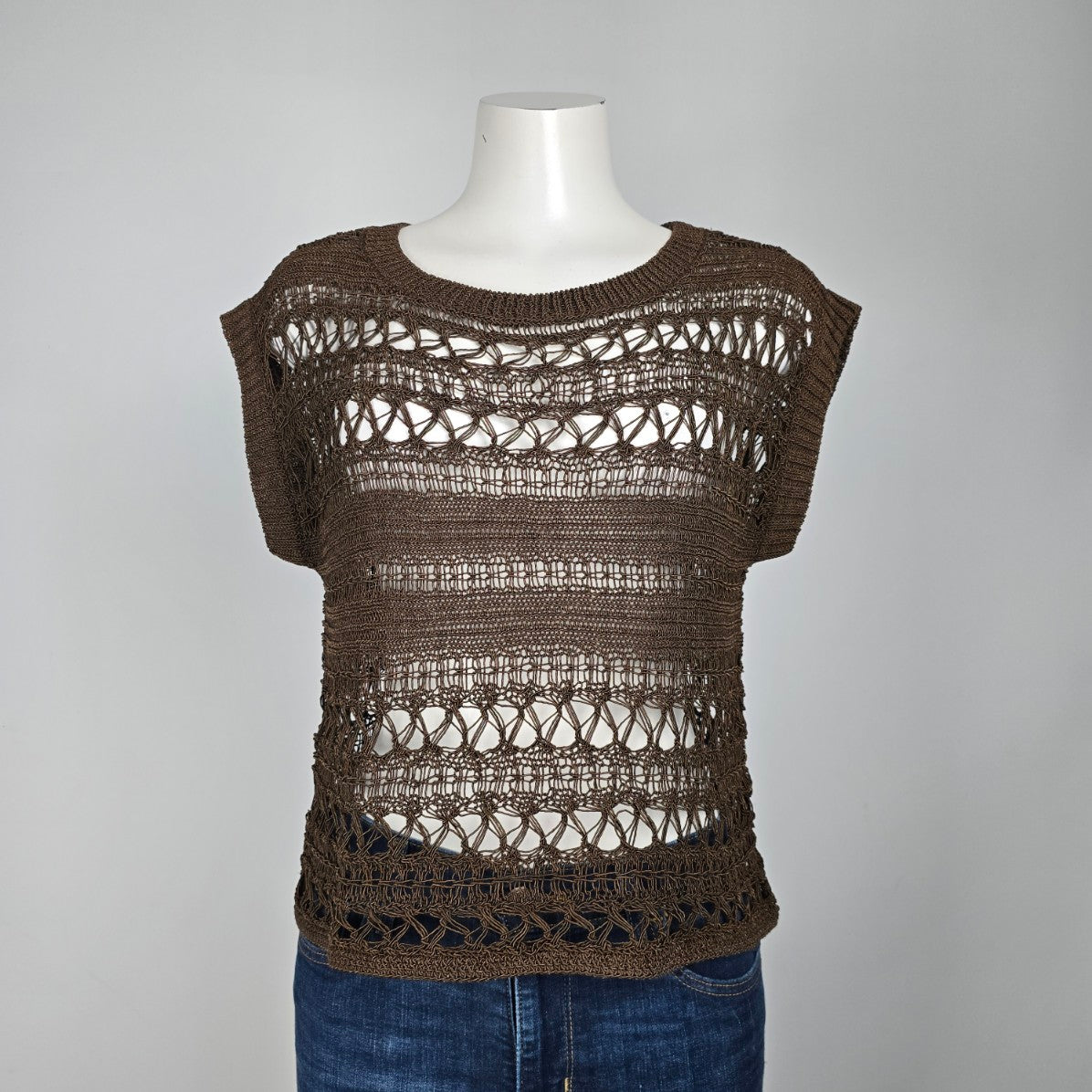 Anne Klein Brown Open Knit Short Sleeve Tops Size S