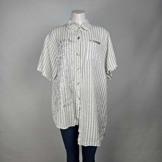 Elissia Made In Italy Linen White Pin Stripped Asymmetrical Button Up Blouse Size M