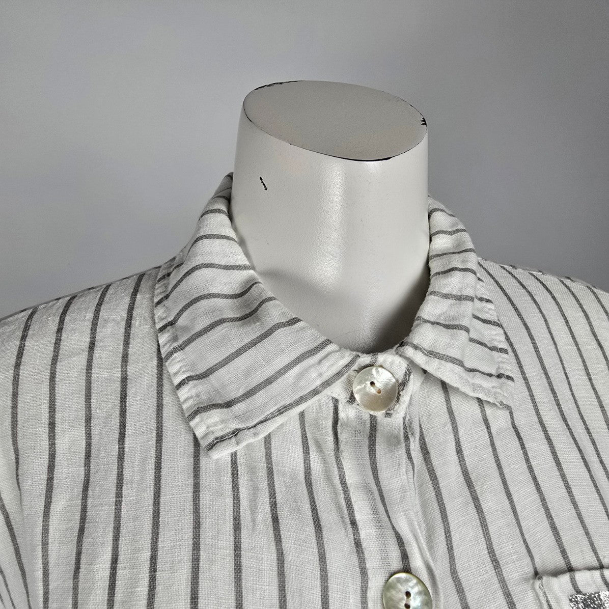Elissia Made In Italy Linen White Pin Stripped Asymmetrical Button Up Blouse Size M