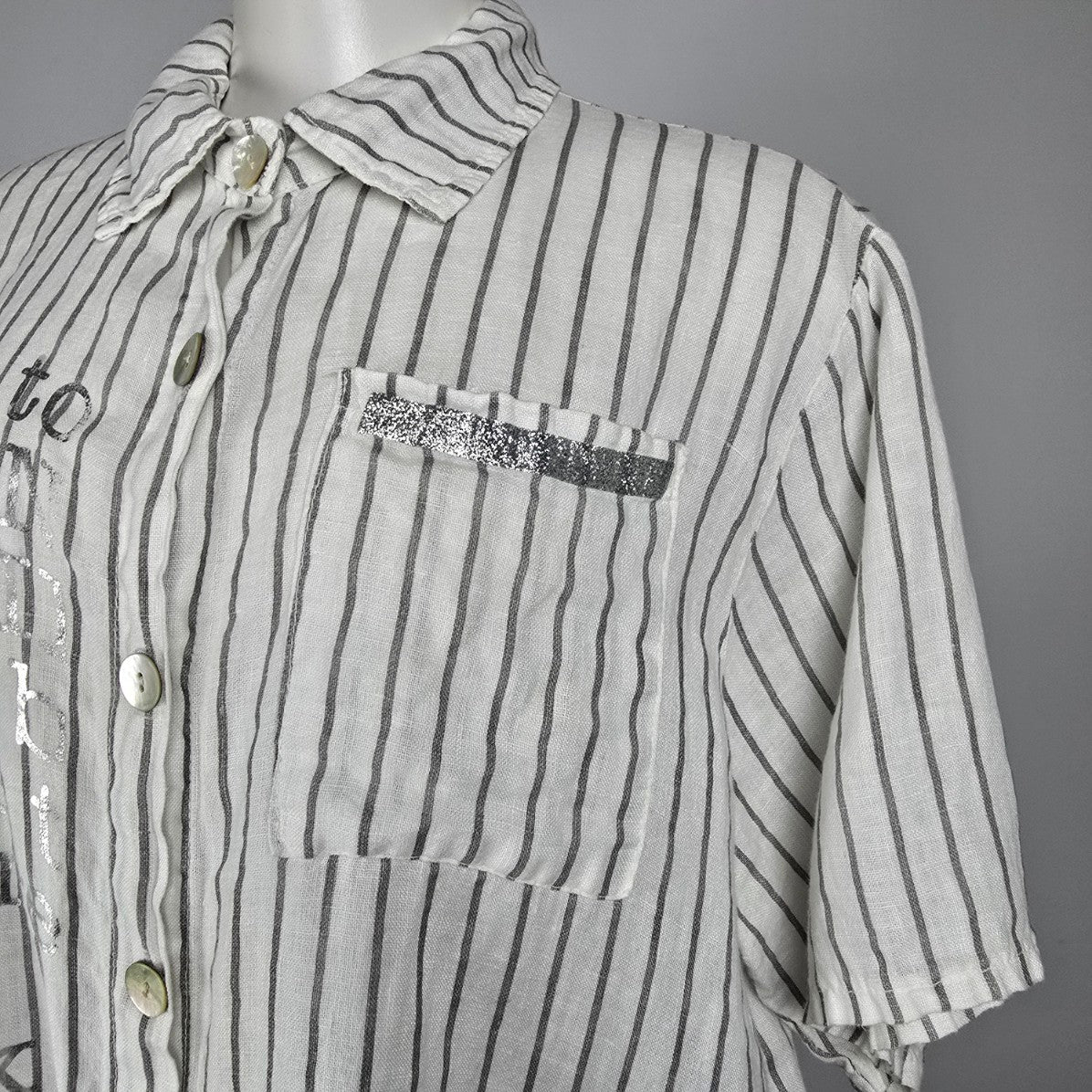 Elissia Made In Italy Linen White Pin Stripped Asymmetrical Button Up Blouse Size M