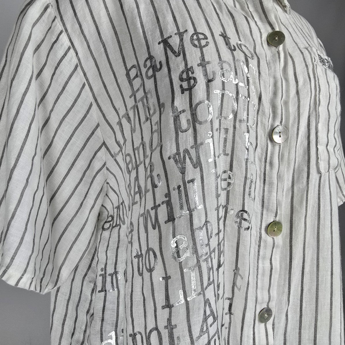 Elissia Made In Italy Linen White Pin Stripped Asymmetrical Button Up Blouse Size M
