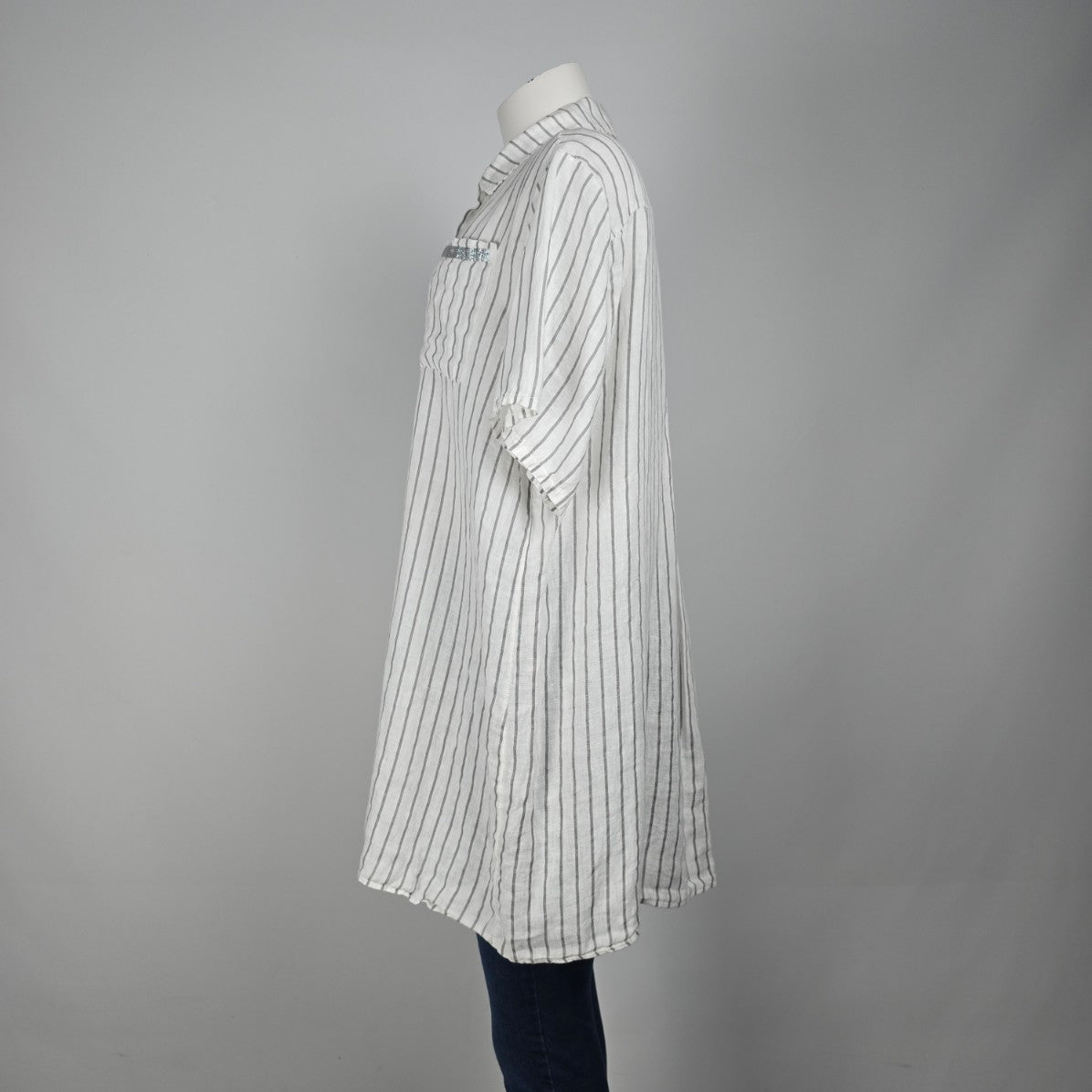 Elissia Made In Italy Linen White Pin Stripped Asymmetrical Button Up Blouse Size M
