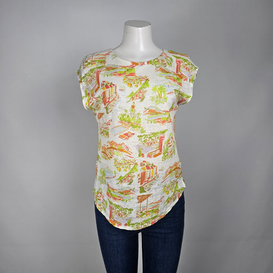 Cynthia Rowley Linen Tropical Print Short Sleeve Top Size M