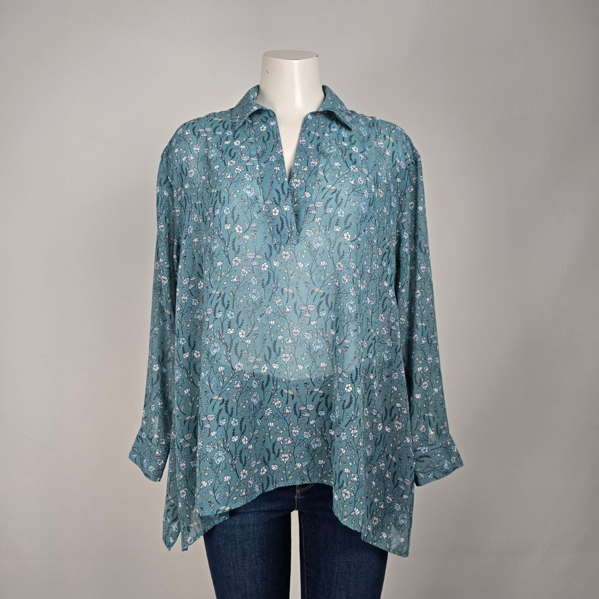 Cabi Blue Floral Sheer Collared High Low Blouse Top Size XS