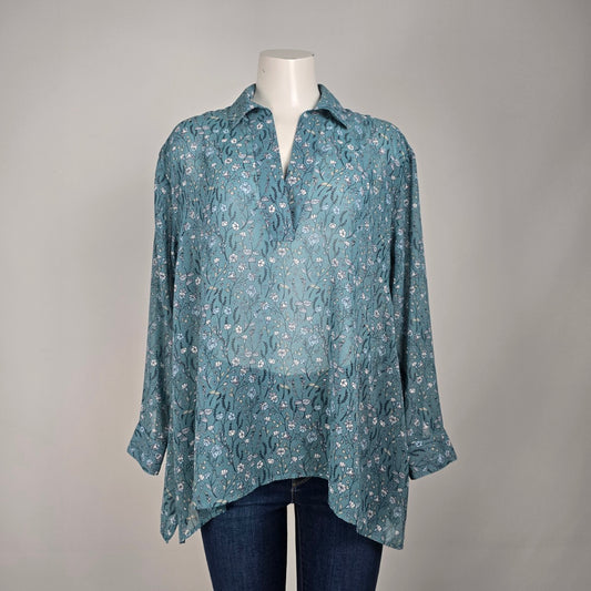 Cabi Blue Floral Sheer Collared High Low Blouse Top Size XS