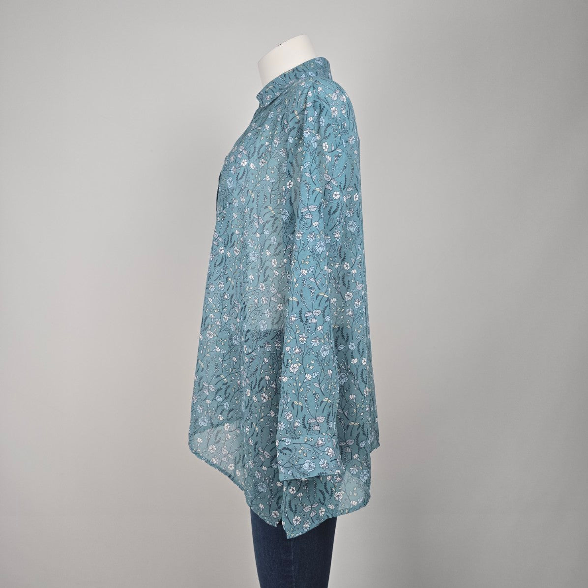 Cabi Blue Floral Sheer Collared High Low Blouse Top Size XS