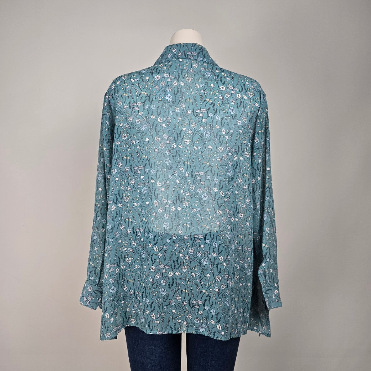 Cabi Blue Floral Sheer Collared High Low Blouse Top Size XS