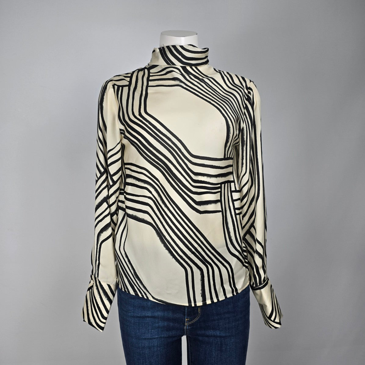MNG Italian Fabric Cream & Black High Neck Blouse Size XS