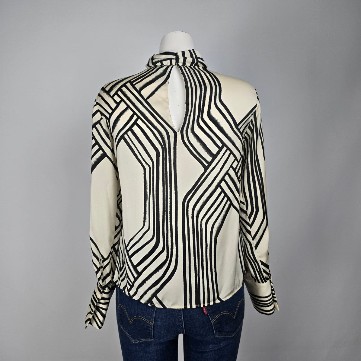 MNG Italian Fabric Cream & Black High Neck Blouse Size XS