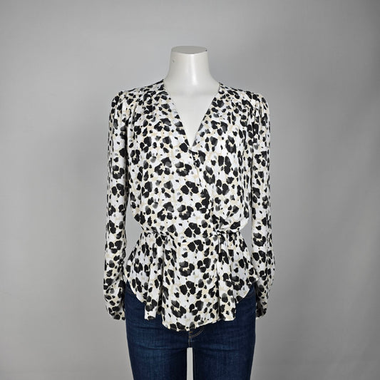 Cabi Leopard Animal Print Ruched Sleeve Wrap Top Size S