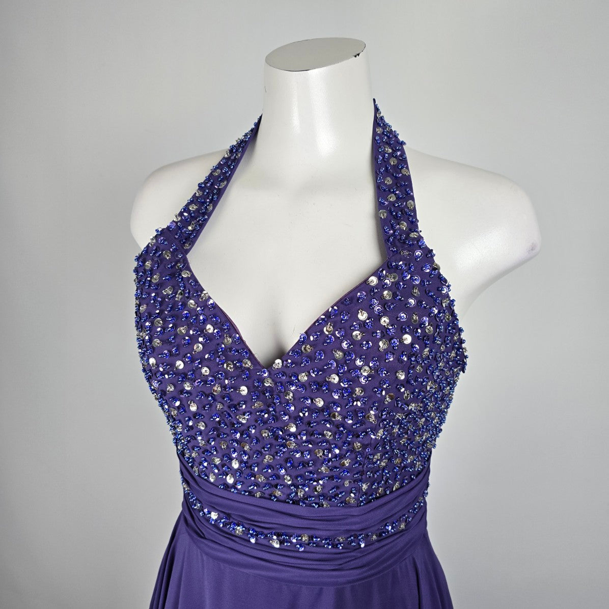 JJs House Purple Beaded Sequined Halter Event Gown Size S