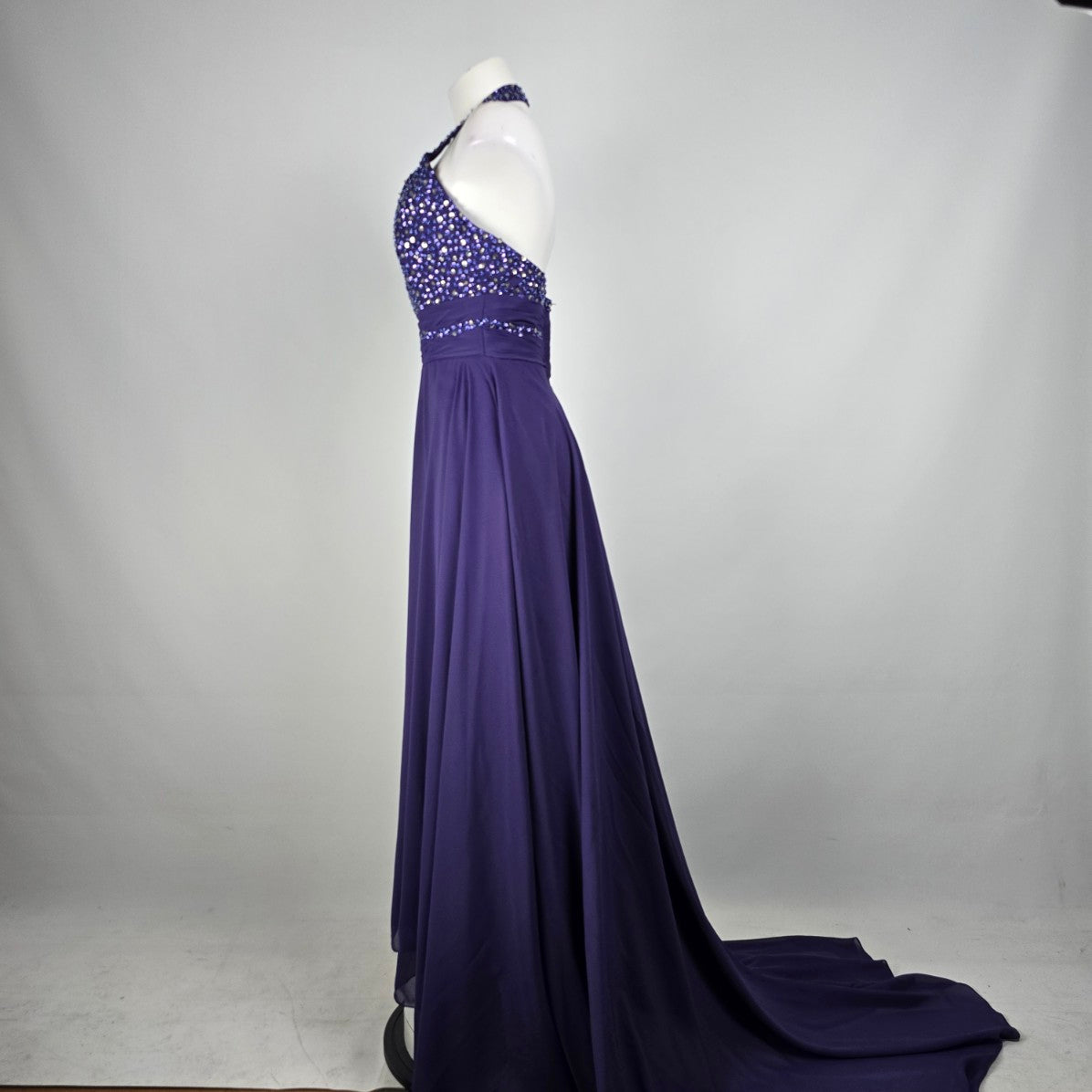 JJs House Purple Beaded Sequined Halter Event Gown Size S