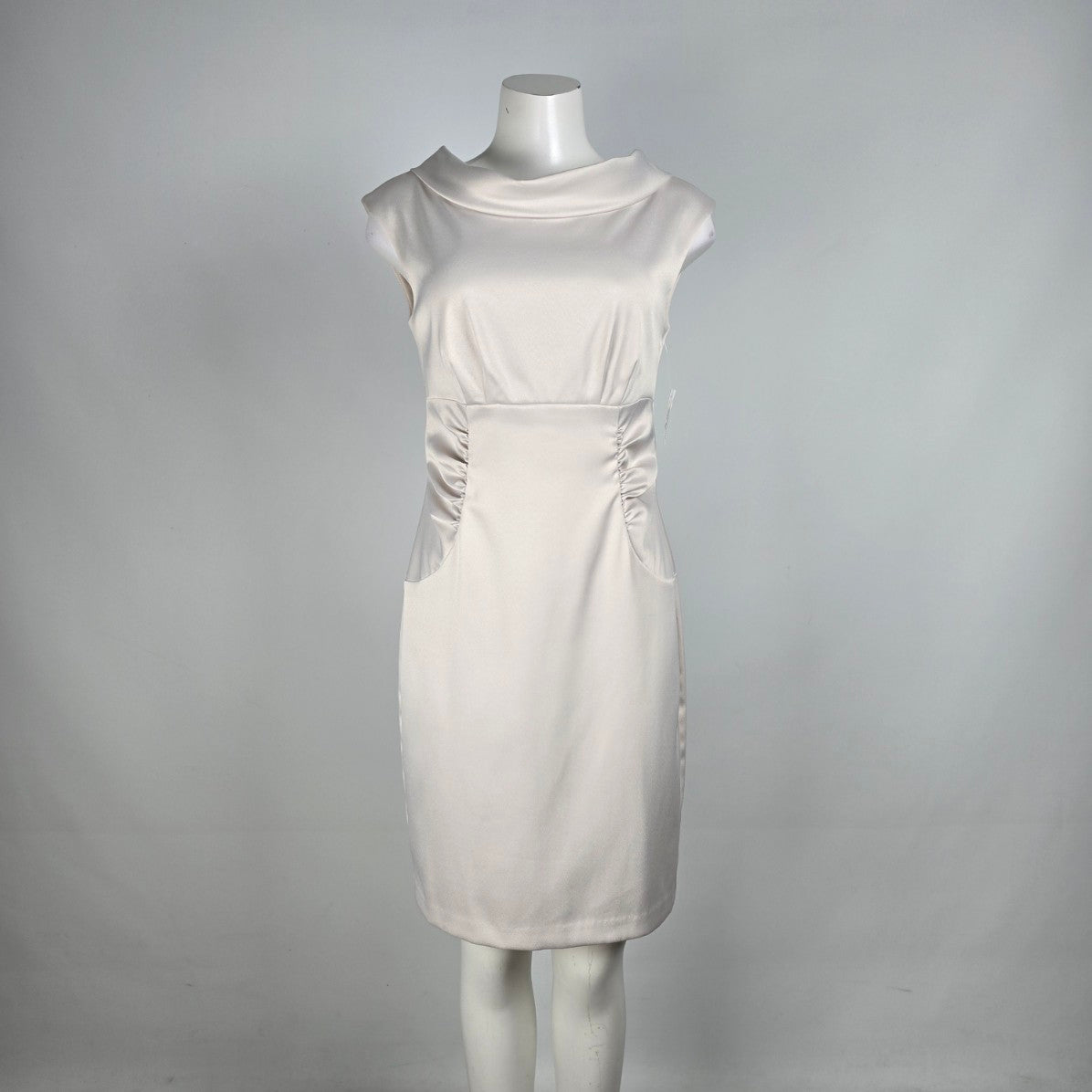 London Times Cream Cowl Neck Ruched Sheath Dress Size 6