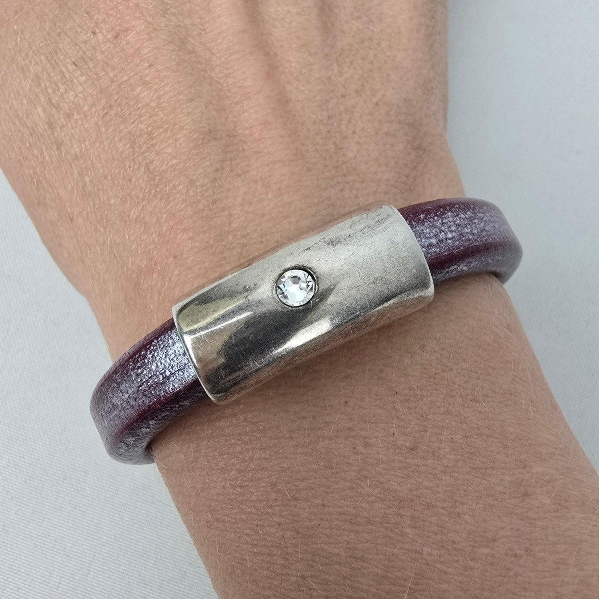 Sterling Silver Crystal Stud Purple Leather Bracelet