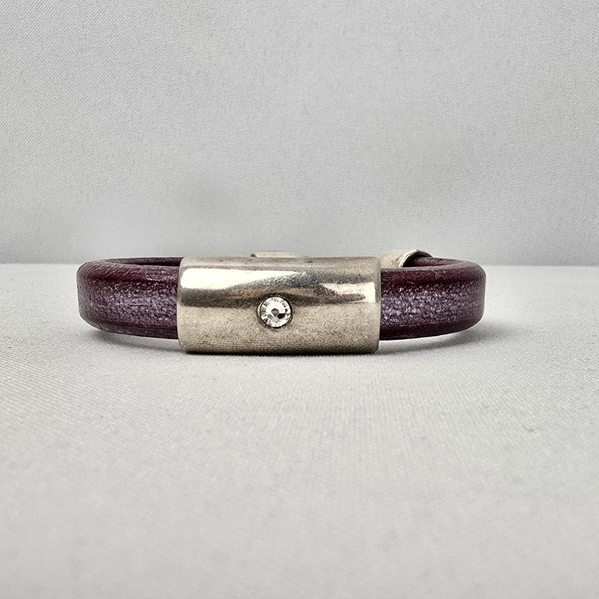 Sterling Silver Crystal Stud Purple Leather Bracelet