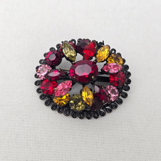 Vintage Black Colorful Crystal Stud Oval Statement Brooch