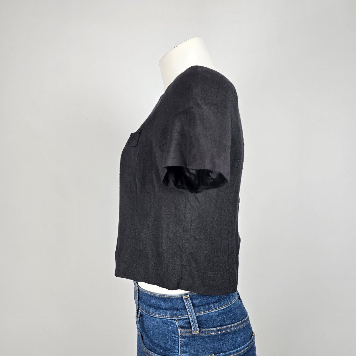 Vintage Richard Warren Black Cotton Button Back Cropped Blouse Size 6