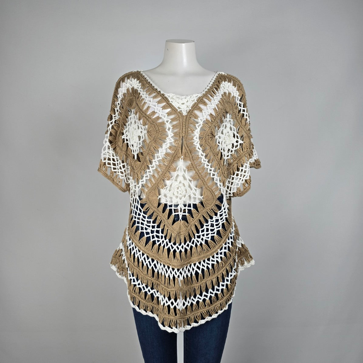 Suzanne Betro Brown & Cream Open Knit Poncho Sweater Size M