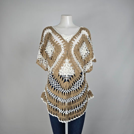 Suzanne Betro Brown & Cream Open Knit Poncho Sweater Size M