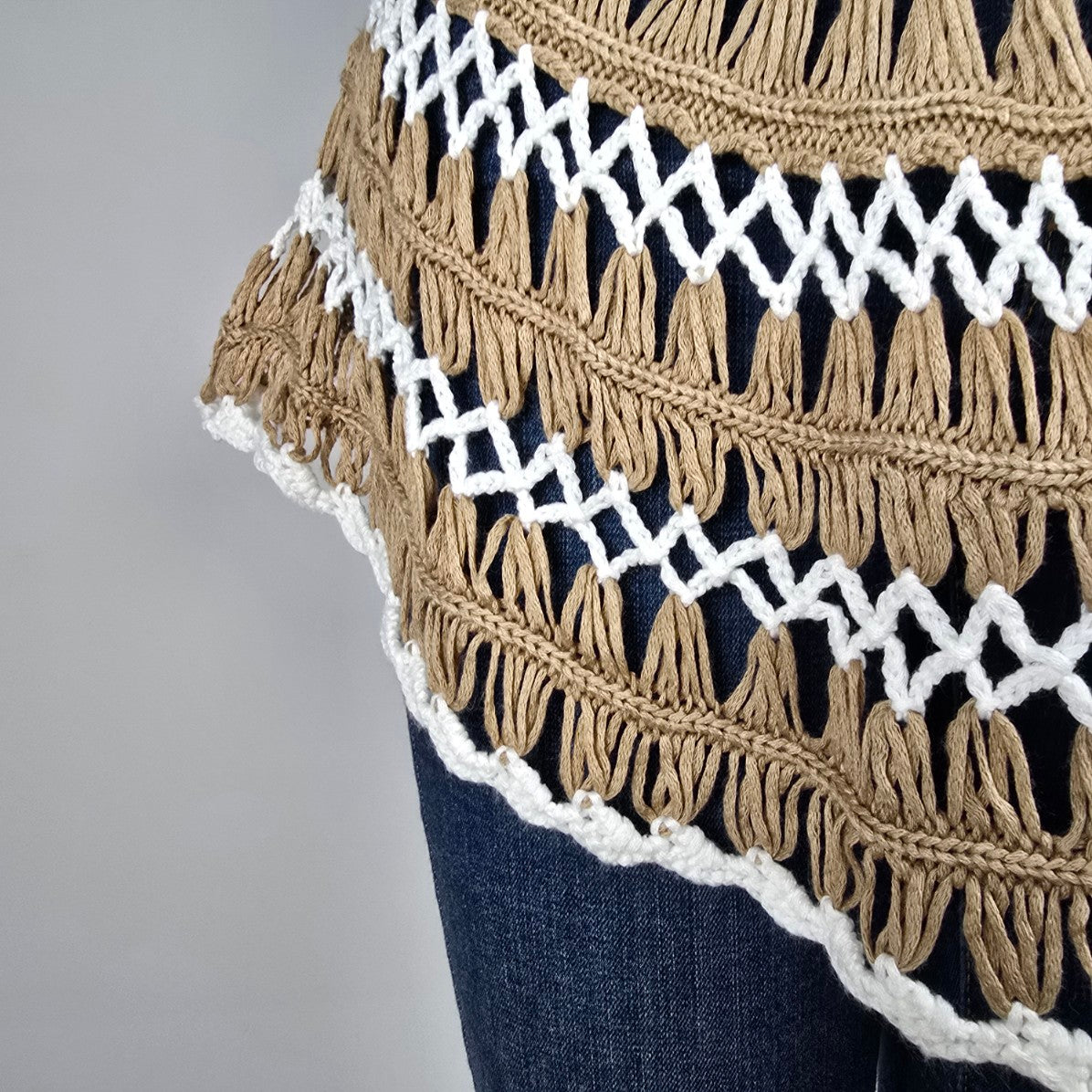 Suzanne Betro Brown & Cream Open Knit Poncho Sweater Size M