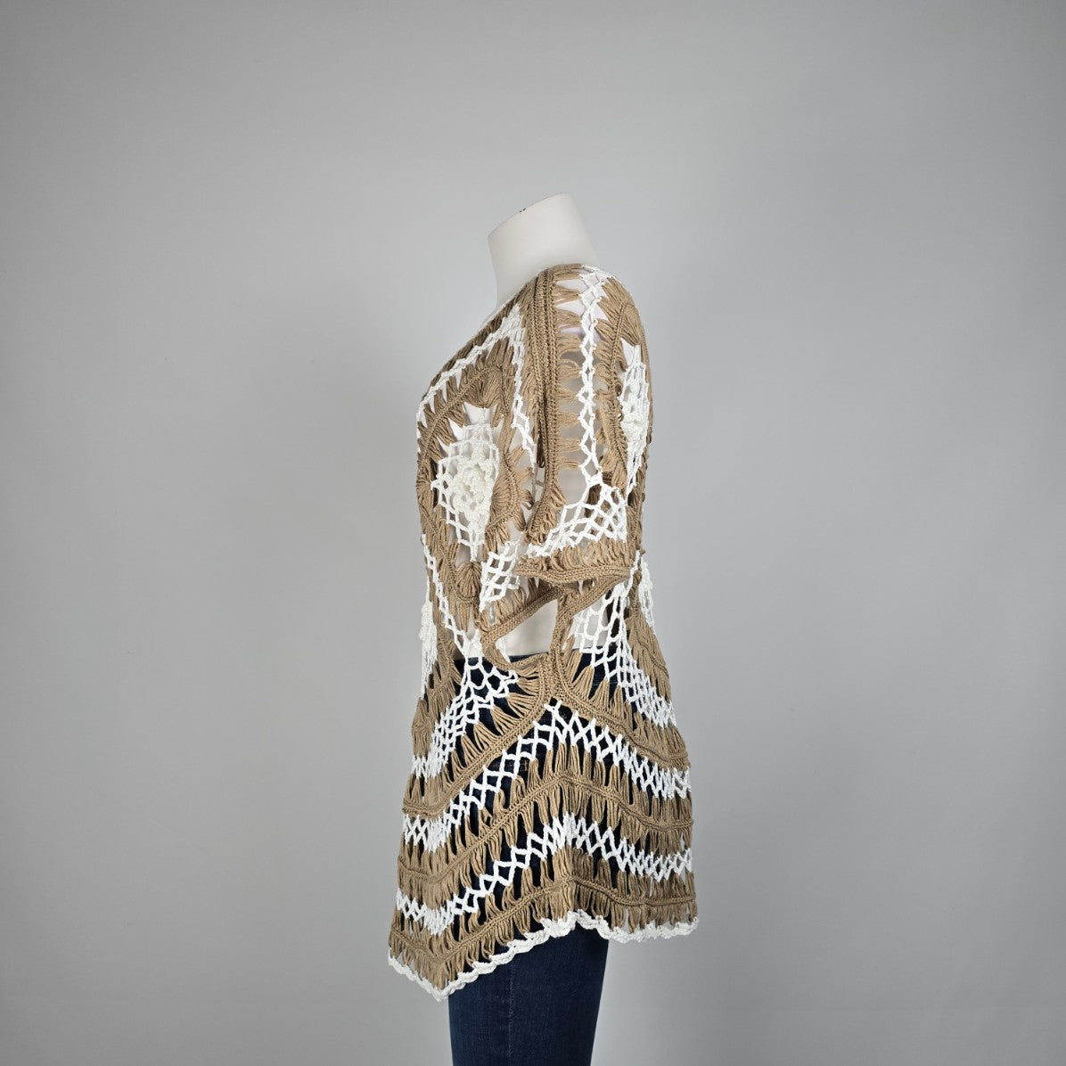 Suzanne Betro Brown & Cream Open Knit Poncho Sweater Size M