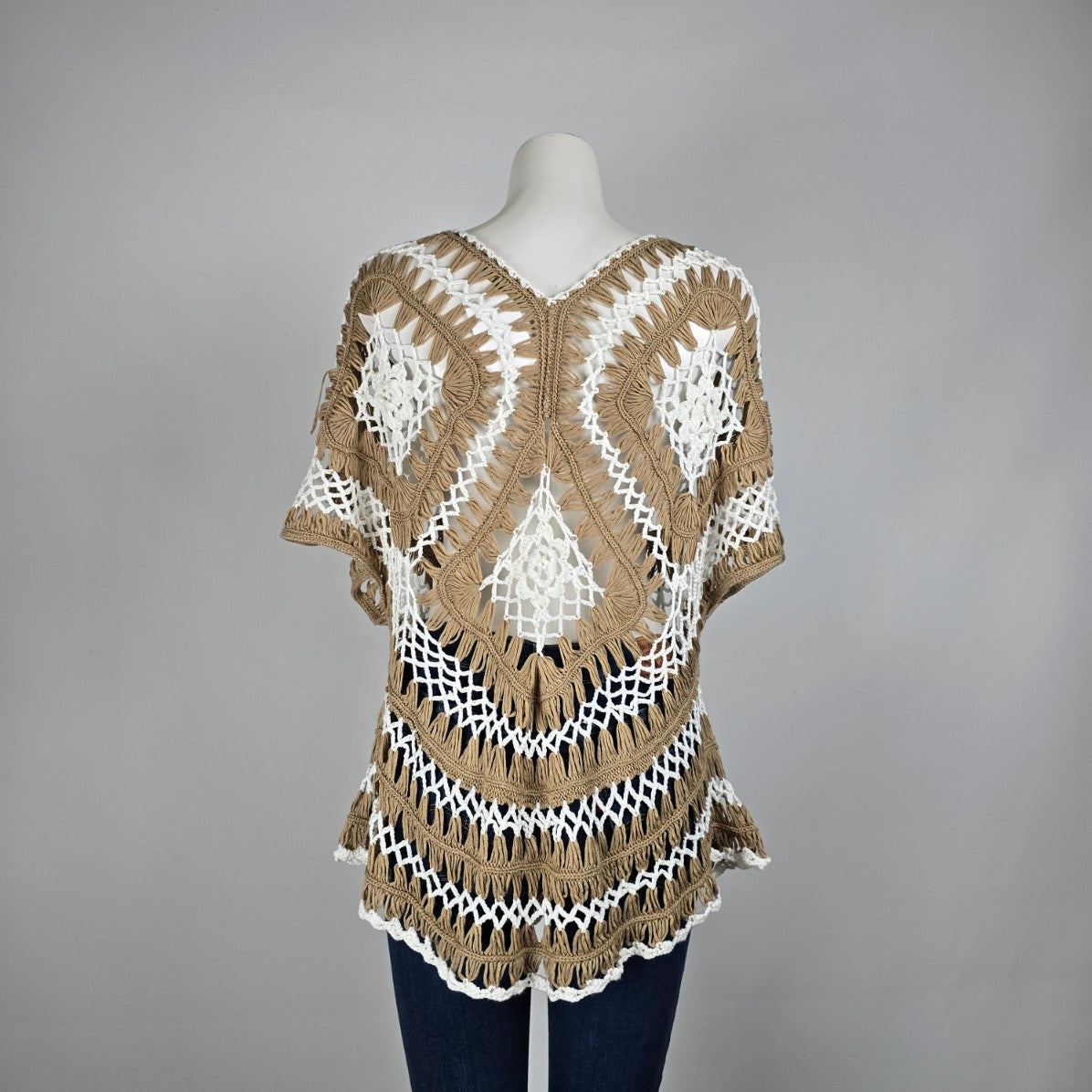 Suzanne Betro Brown & Cream Open Knit Poncho Sweater Size M
