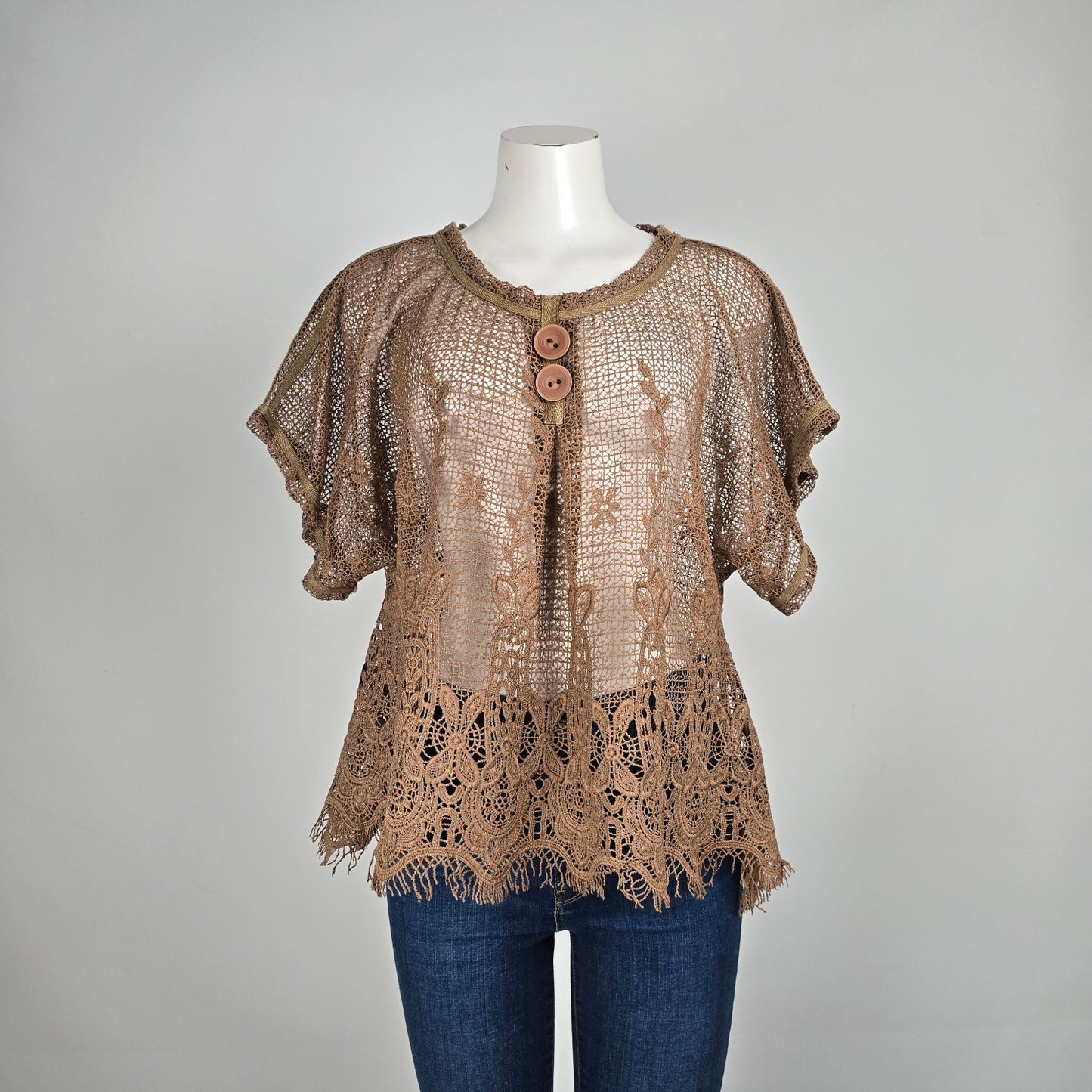 Pretty Angel Brown Linen Lace A-Line Top Size S/M