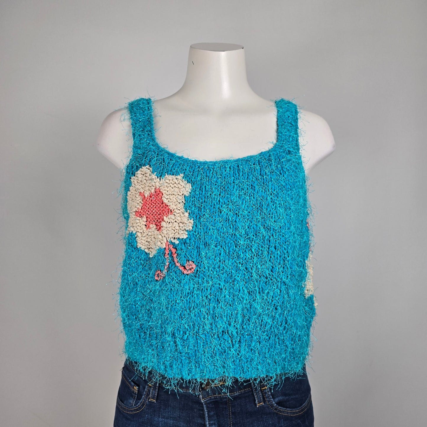 Vintage Mona's Handknit Teal Flower Knit Tank Top Size S