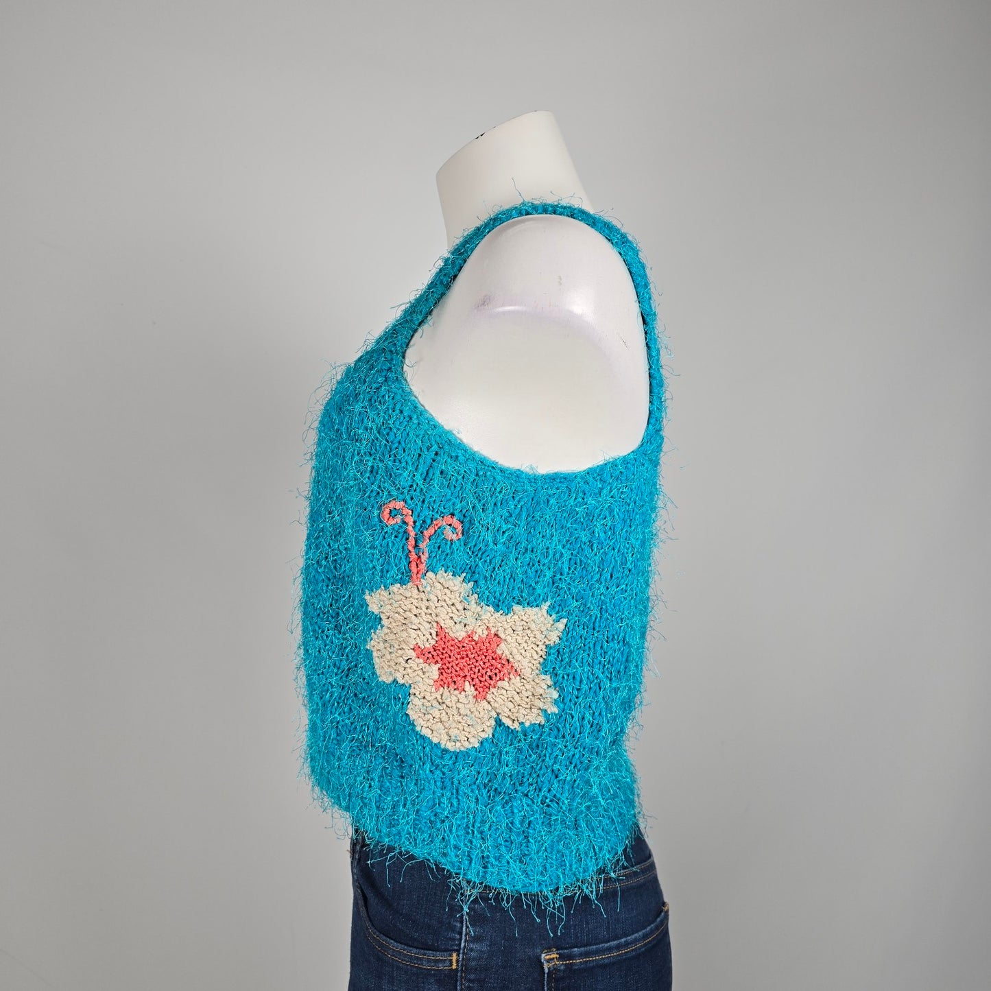 Vintage Mona's Handknit Teal Flower Knit Tank Top Size S