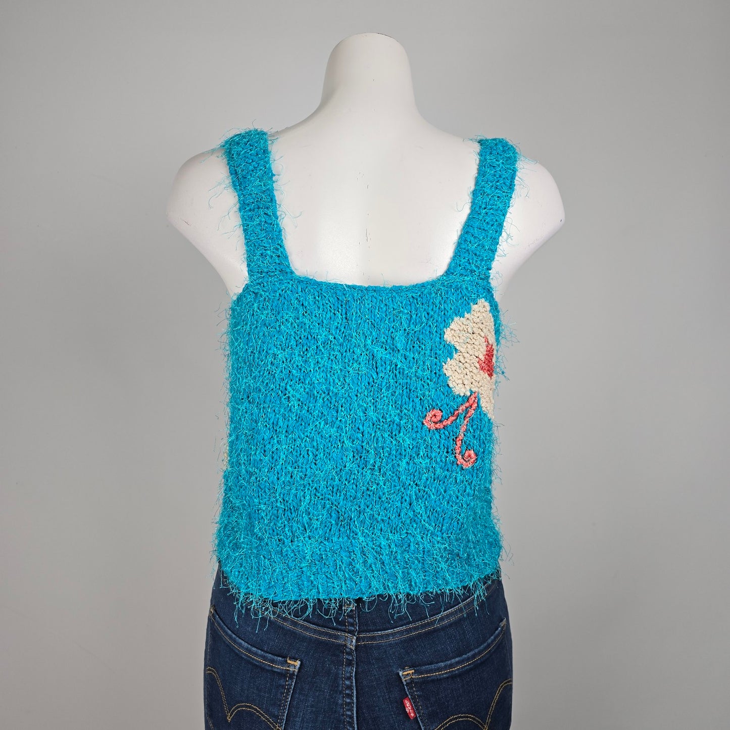 Vintage Mona's Handknit Teal Flower Knit Tank Top Size S