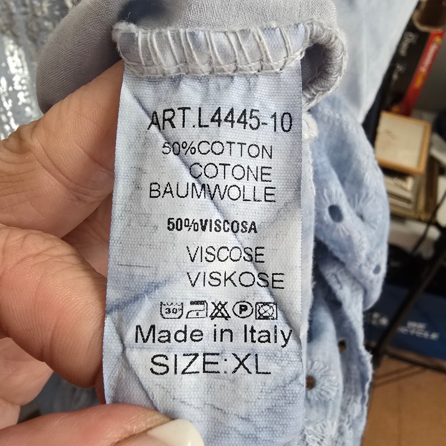 Elissia Made In Italy Blue Metallic Cotton Short Sleeve Top Size XL