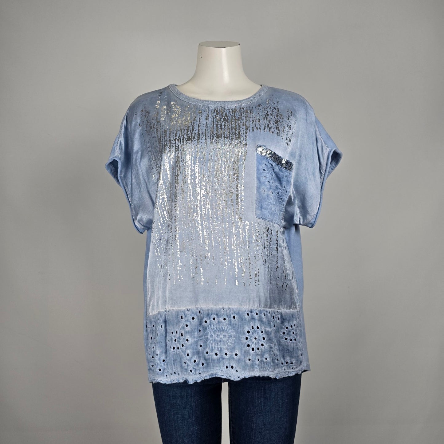 Elissia Made In Italy Blue Metallic Cotton Short Sleeve Top Size XL
