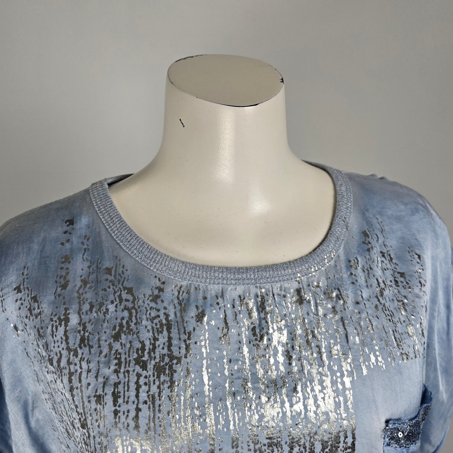 Elissia Made In Italy Blue Metallic Cotton Short Sleeve Top Size XL