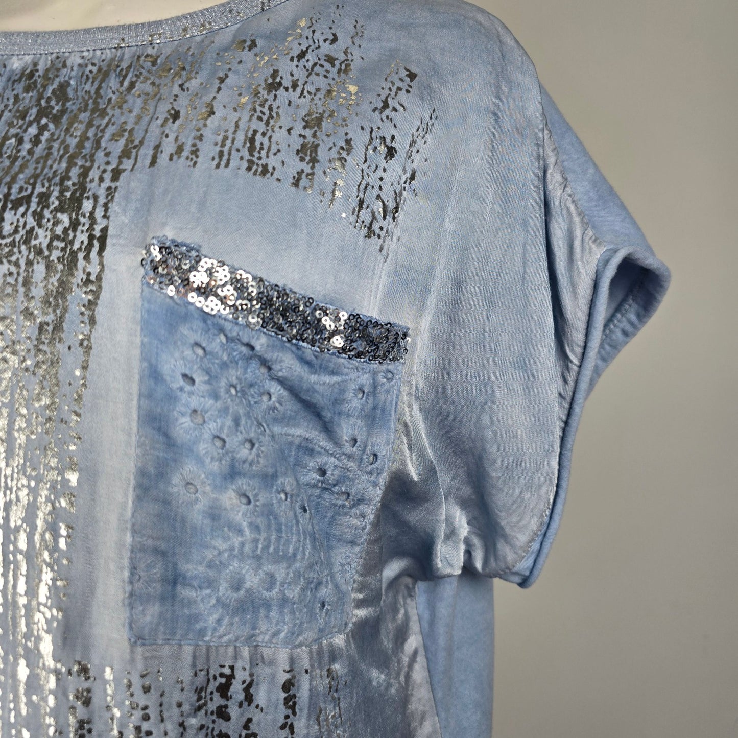 Elissia Made In Italy Blue Metallic Cotton Short Sleeve Top Size XL