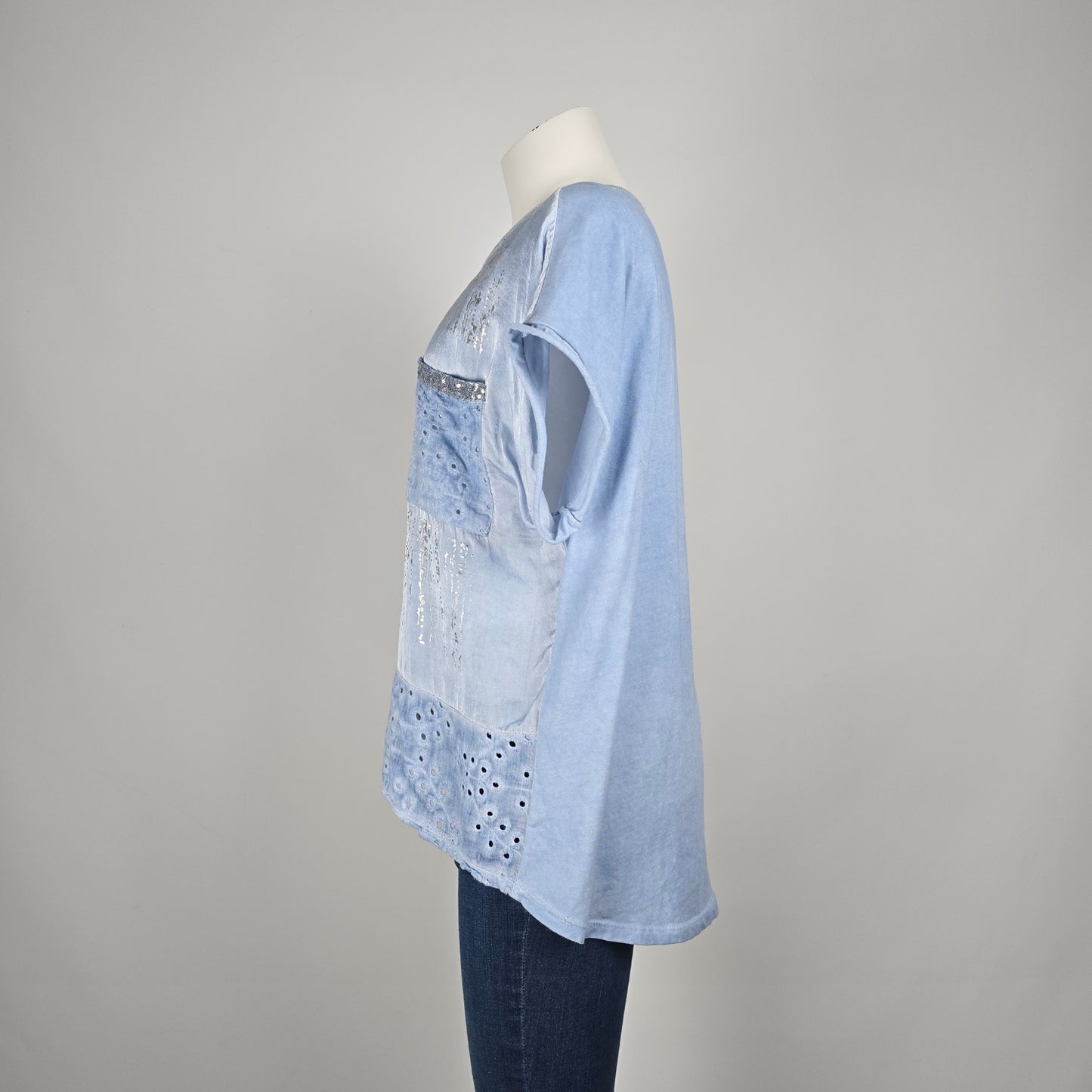 Elissia Made In Italy Blue Metallic Cotton Short Sleeve Top Size XL