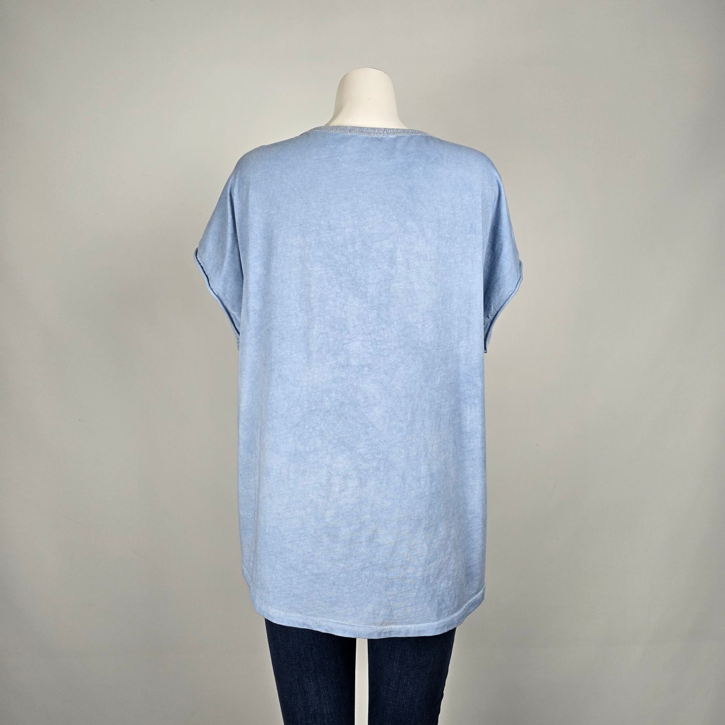 Elissia Made In Italy Blue Metallic Cotton Short Sleeve Top Size XL