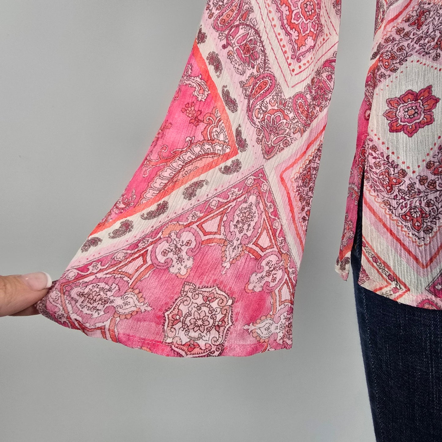 Karen Kane Pink Paisley Belle Sleeve Sheer Blouse Size M