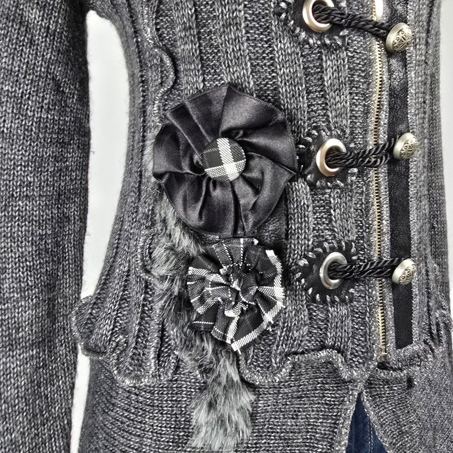 Oreya Grey Floral Detail Knit Cardigan Size S