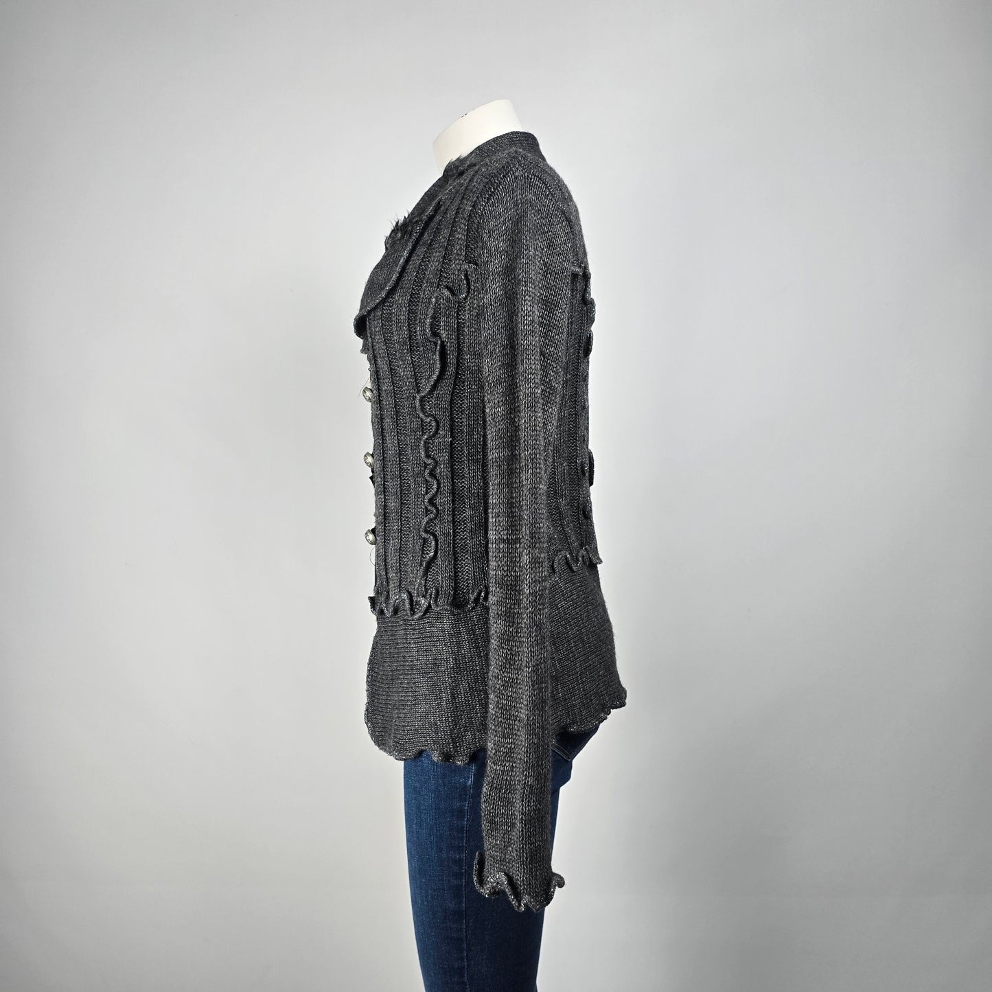 Oreya Grey Floral Detail Knit Cardigan Size S