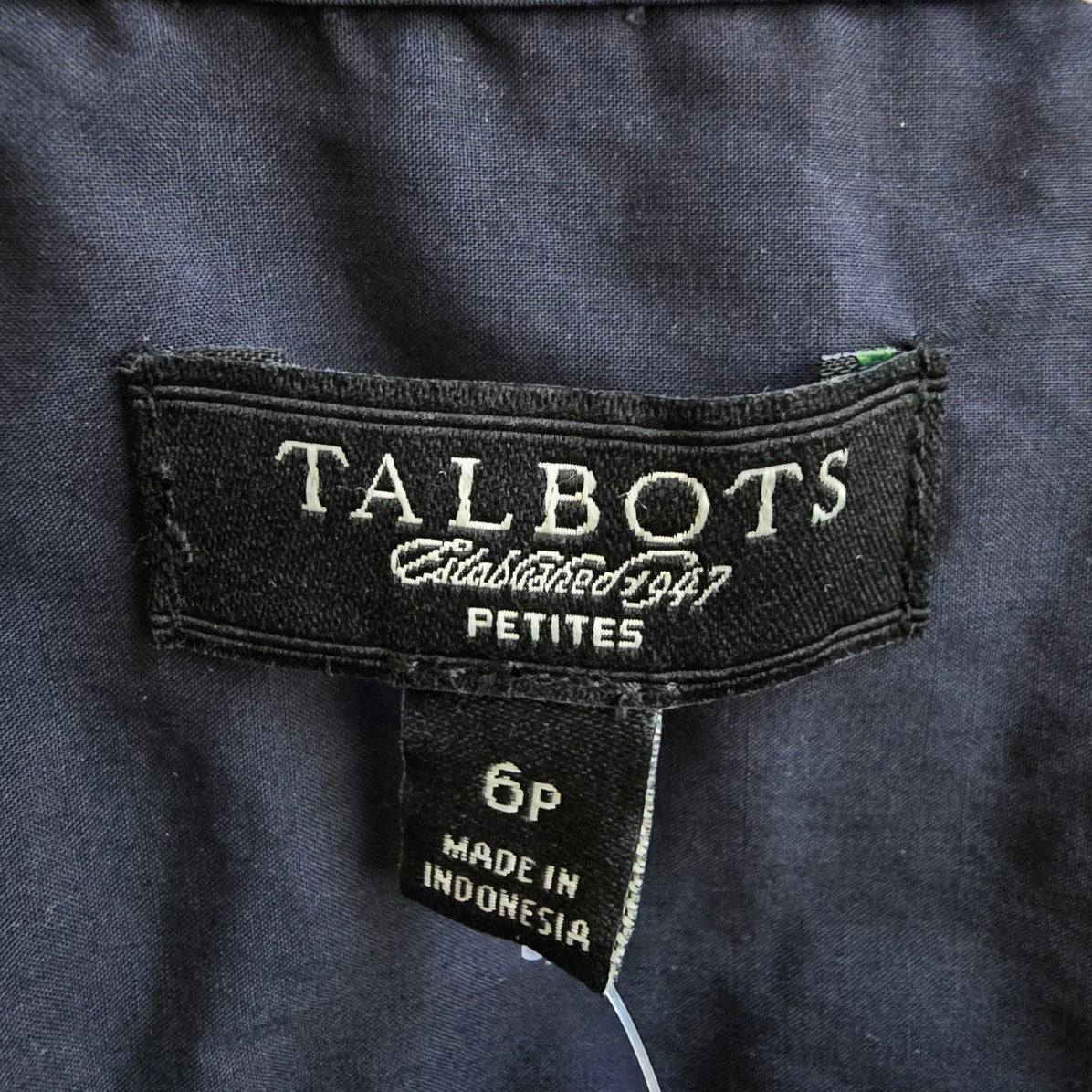 Talbots Petites Navy Blue Cotton Ruffle Detail Button Up Blouse Size 6p