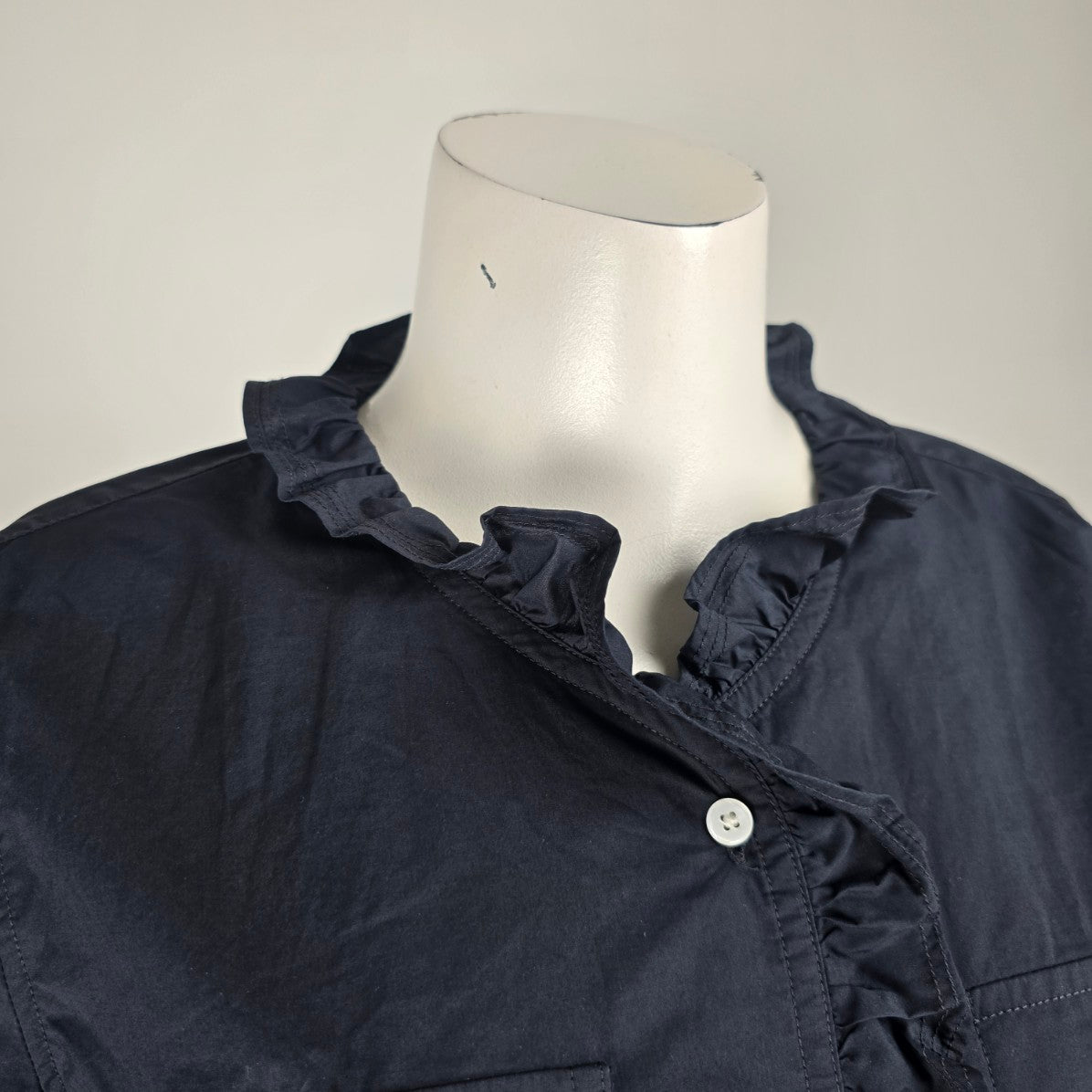 Talbots Petites Navy Blue Cotton Ruffle Detail Button Up Blouse Size 6p