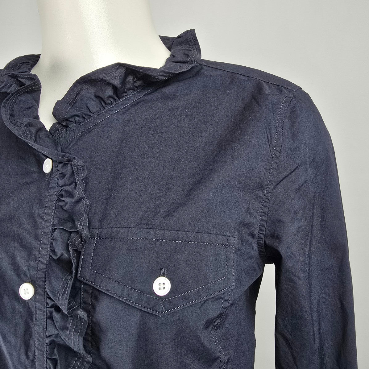 Talbots Petites Navy Blue Cotton Ruffle Detail Button Up Blouse Size 6p