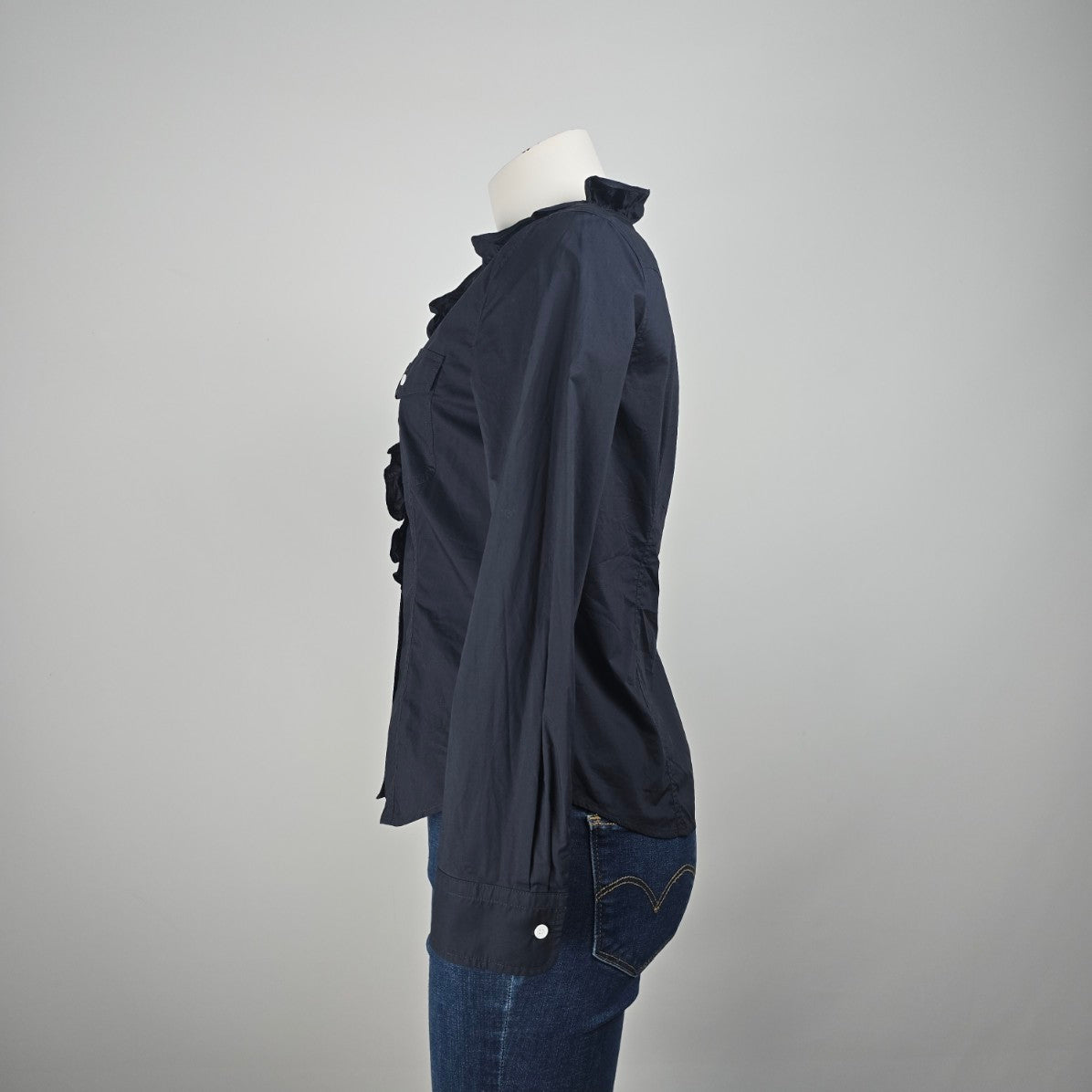 Talbots Petites Navy Blue Cotton Ruffle Detail Button Up Blouse Size 6p