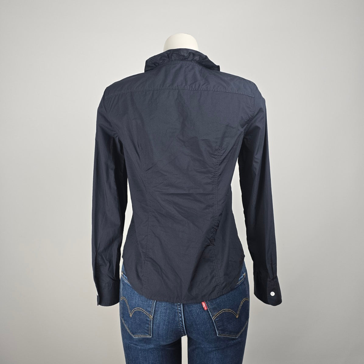 Talbots Petites Navy Blue Cotton Ruffle Detail Button Up Blouse Size 6p