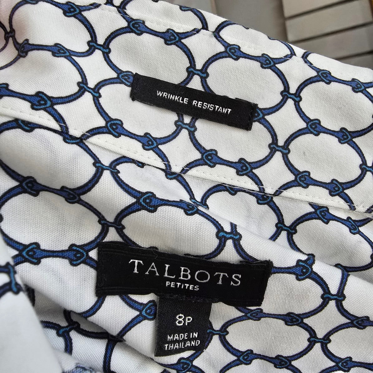 Talbots Petites White Chain Print Cotton Button Up Blouse Top Size 8p